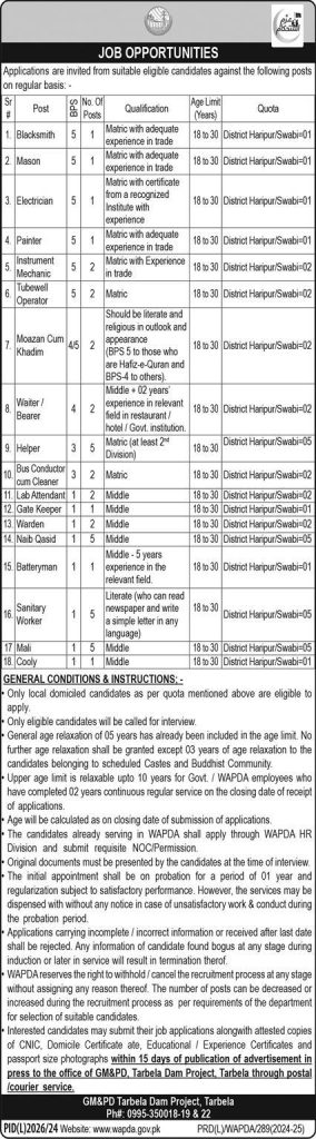 Wapda Jobs 2025 for Tarbela Dam Project