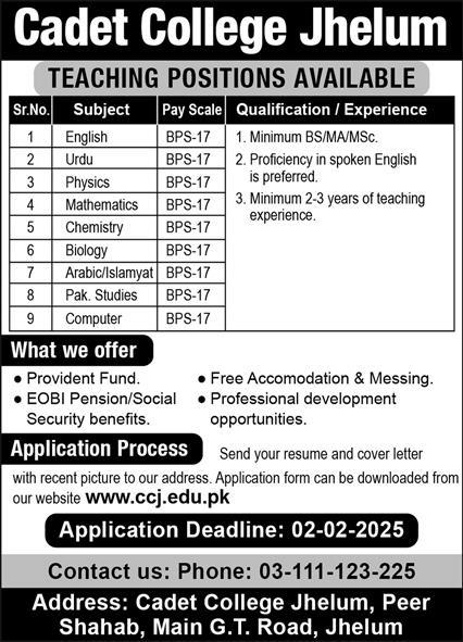 Cadet College Jhelum Teaching Jobs 2025