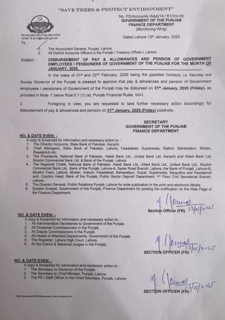 Early Disbursement of Salaries and Pensions for Government Employees on 31st January