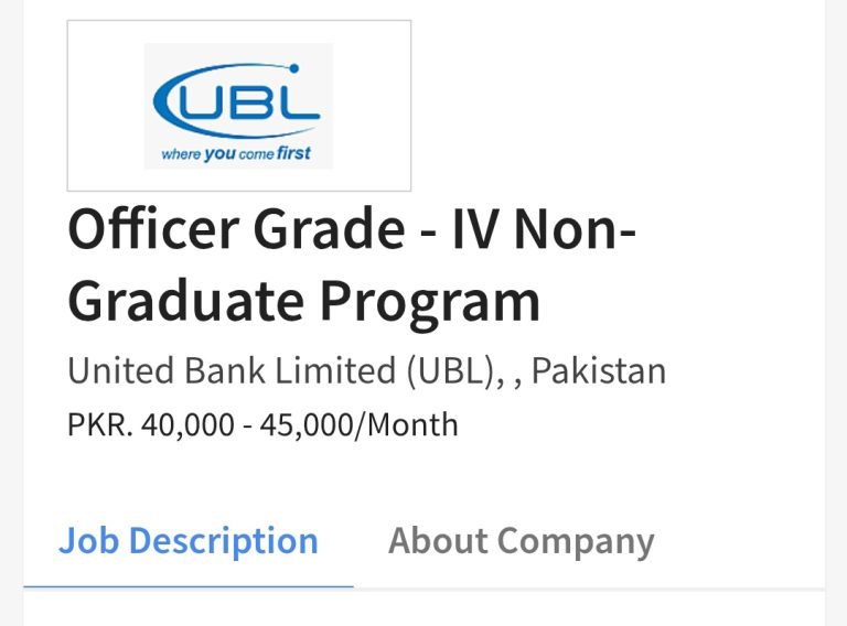 United Bank Limited UBL Jobs 2025 Officer Grade IV Non-Graduate Program Matric intermediate