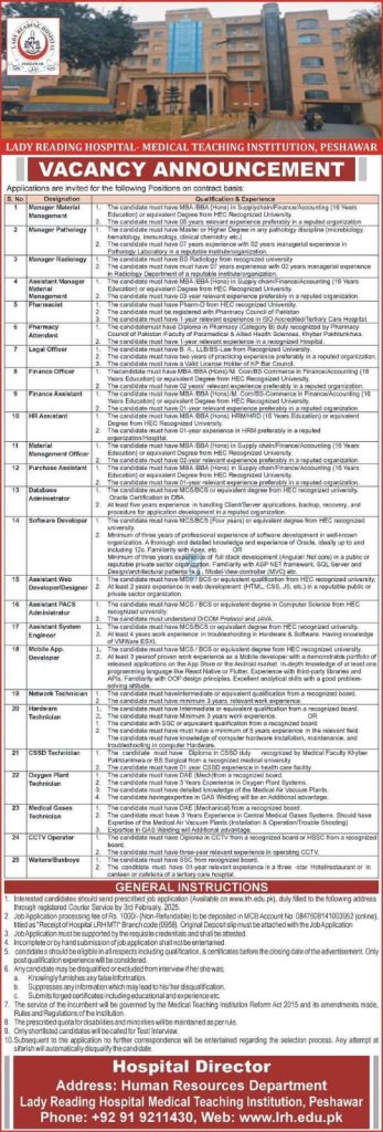 Lady Reading Hospital Peshawar Jobs 2025 for Non Medical Staff