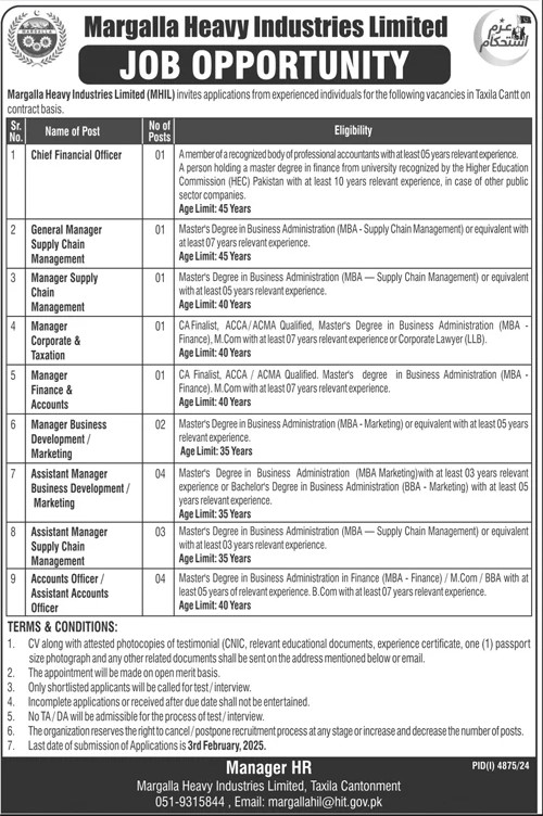 Margalla Heavy Industries Taxila Jobs 2025